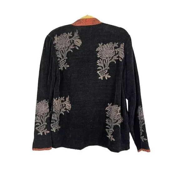 Flashback Jacket Women M Black Floral Retro 80s Grandma Western Bohemian Wooden - Picture 7 of 12